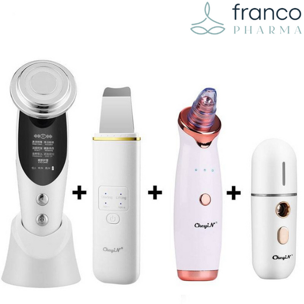 Pack beauté de 4 produits : Masseur facial de rajeunissement - épurateur de peau faciale Ultrasonique - Extracteur électrique de points noirs - Mini humidificateur pour le visage